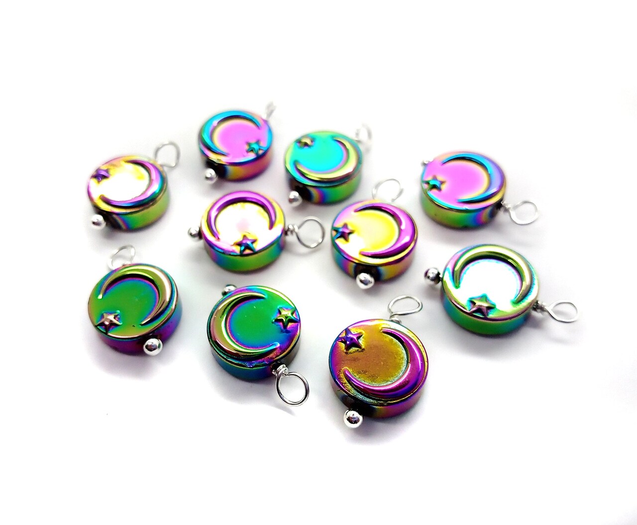 Metallic Moon Charms, Iridescent Moon with Star Bead Dangles, 10 pieces, Adorabilities